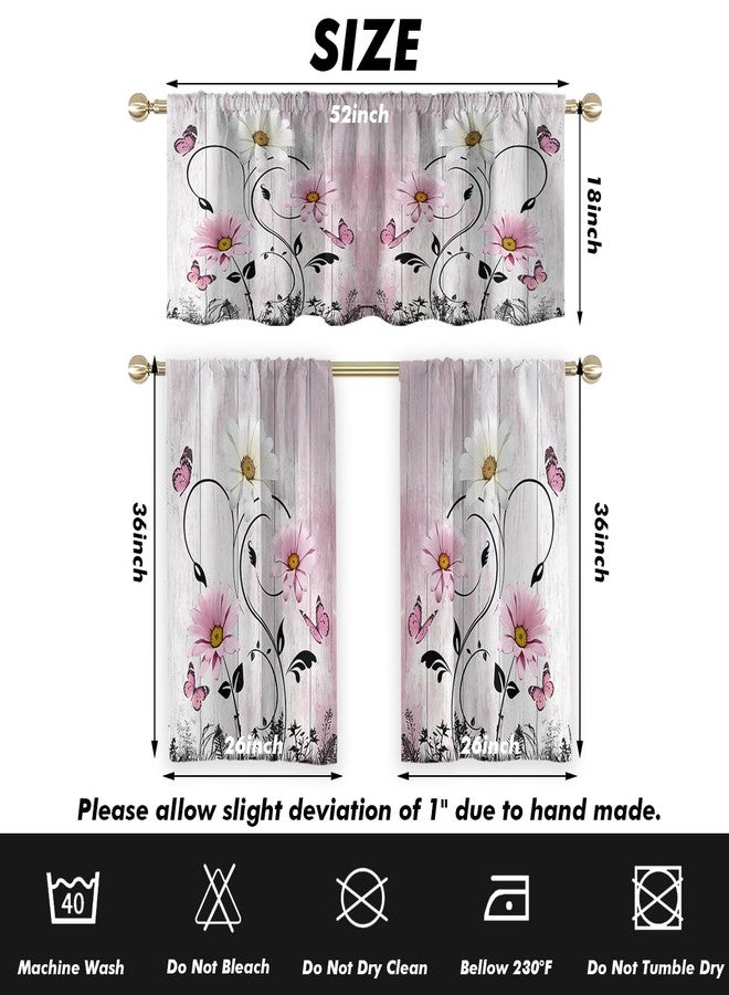 AAtter Pink Floral Kitchen Curtains Valance and Tiers Set 3 Piece Rustic Flower White Daisy Butterfly Rod Pocket Small Short Living Room Bedroom Bathroom Window Drapes 52x18 inch + 26x36 inch*2 - Image 4
